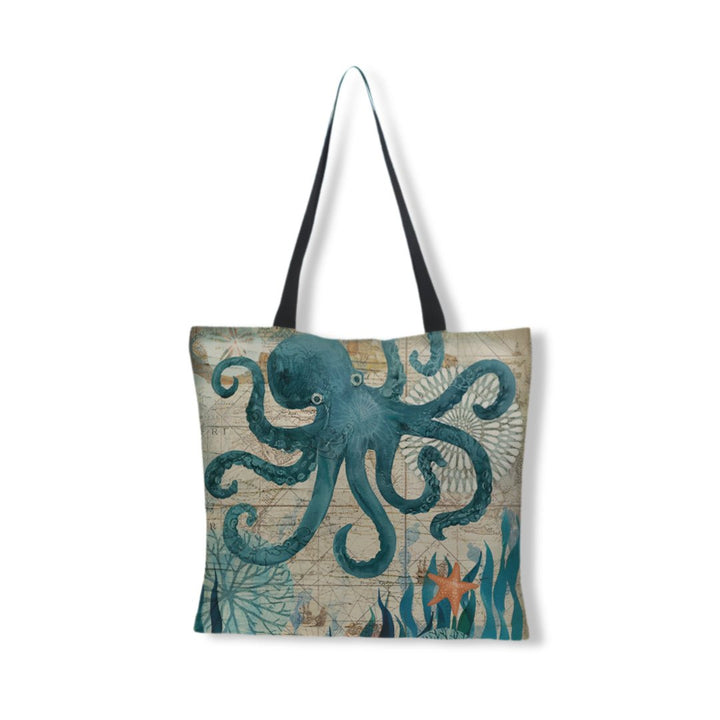 Elegante borsa tote da donna multicolore con stampa marina. Accessorio estivo versatile per mare, spiaggia e viaggi.