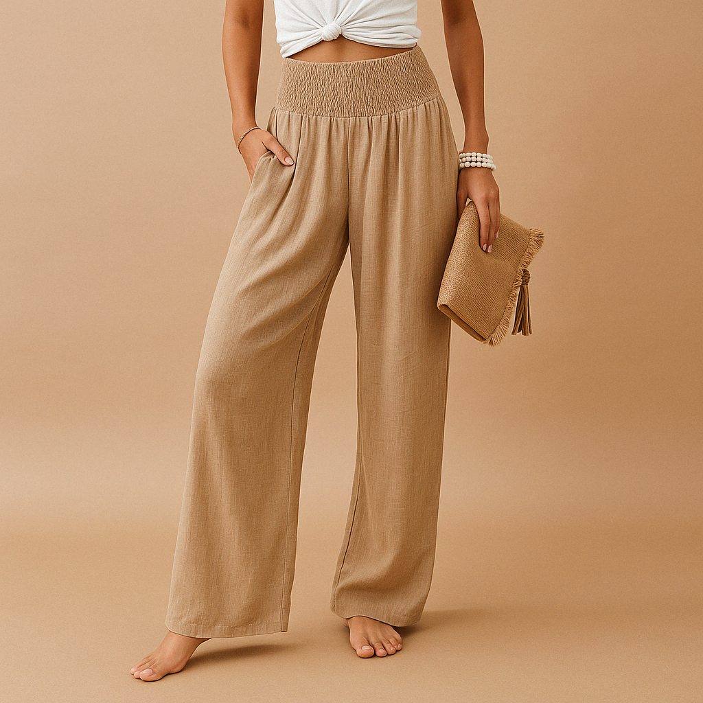 Pantaloni donna vita alta kaki, gamba larga, con tasche. Tessuto misto elegante/casual per comfort.