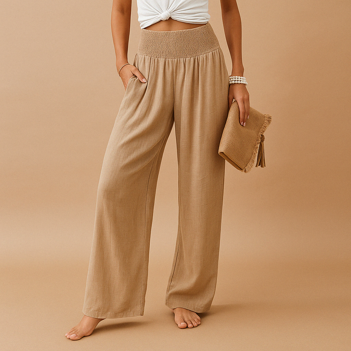 Pantaloni donna vita alta kaki, gamba larga, con tasche. Tessuto misto elegante/casual per comfort.