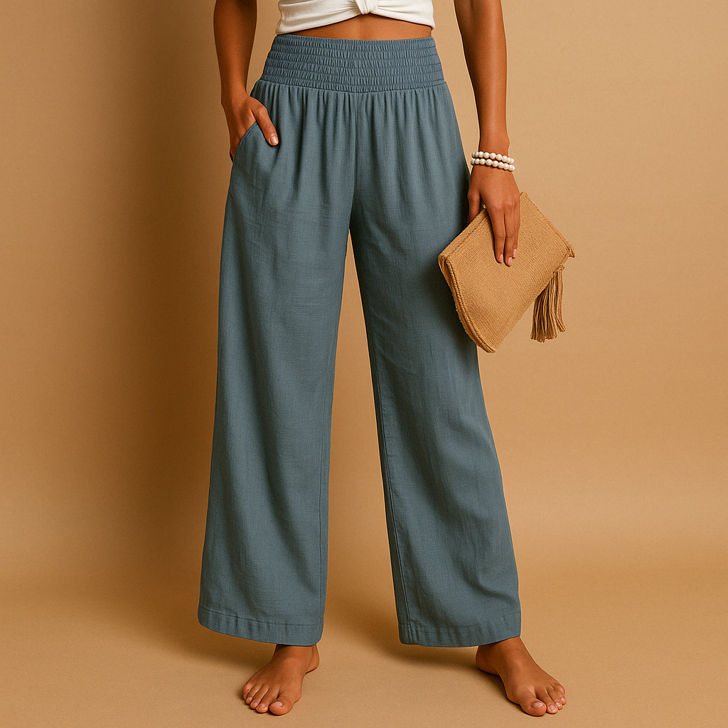 Pantaloni da donna eleganti in lino a vita alta. Versatili per la primavera-estate, ideali per look chic e confortevoli.