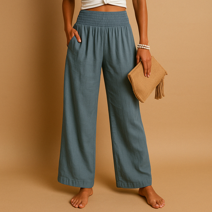 Pantaloni da donna eleganti in lino a vita alta. Versatili per la primavera-estate, ideali per look chic e confortevoli.