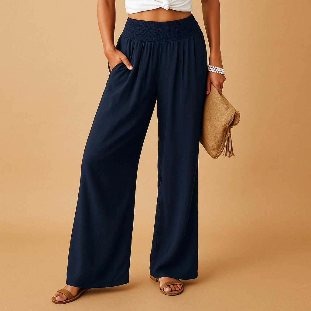Pantaloni vita alta donna con gamba larga e tasche. Stile versatile, elegante o casual, comfort assicurato.