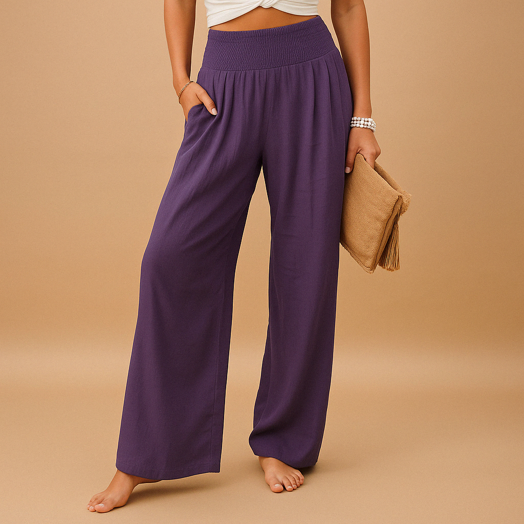 Pantaloni da donna, gamba larga, vita alta, con tasche. Tessuto misto per massimo comfort e versatilità.