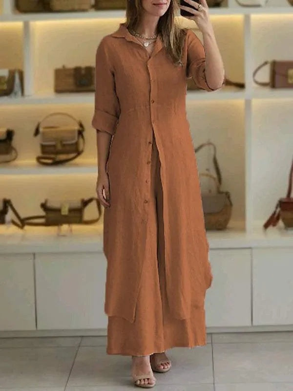 Outfit completo donna in lino: camicia e pantaloni ampi. Casual chic per primavera/estate, abbigliamento comodo e trendy.
