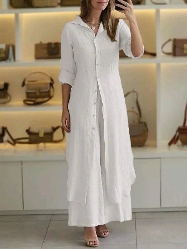 Completo estivo donna in lino leggero: camicia lunga e pantaloni ampi. Elegante e con vestibilità fluida per il massimo comfort.