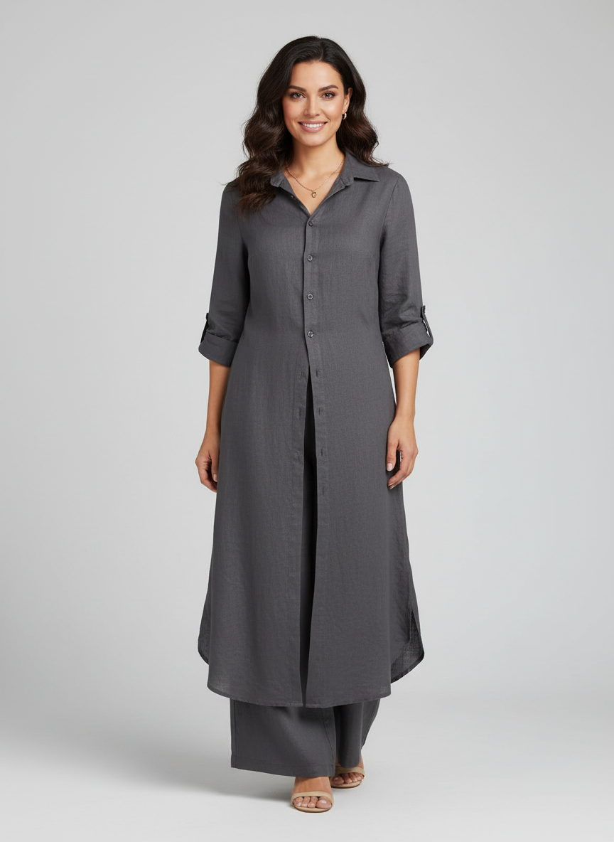 Completo lino donna per moda estiva: camicia fluida e pantaloni ampi. Look elegante e comodo per ogni occasione.