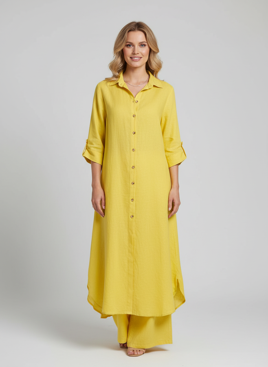 Camicia lunga e pantaloni ampi in lino per completo donna. Vestibilità fluida, ideale per look elegante e comodo.