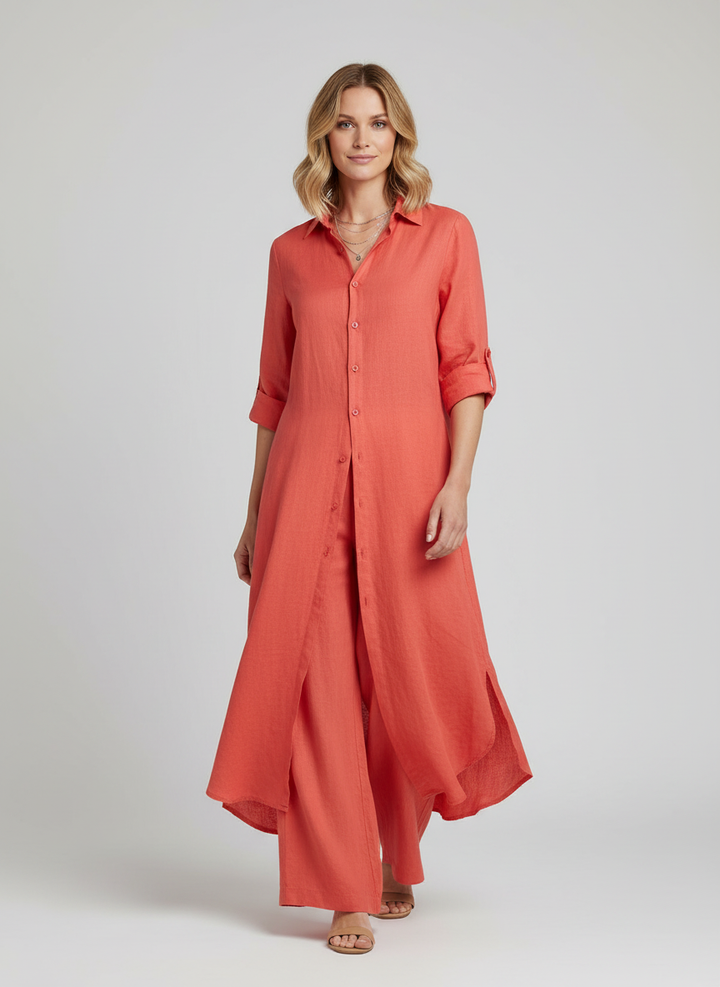 Completo donna elegante in lino: camicia lunga e pantaloni ampi. Perfetto per outfit primavera/estate casual chic.