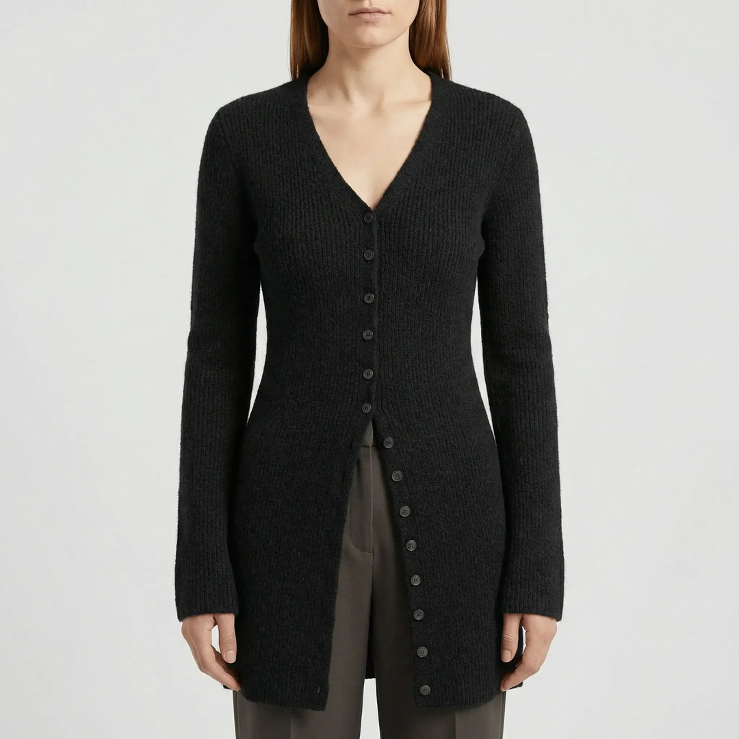 Cardigan donna lungo da indossare con scollo a V e maniche svasate. Stile casual elegante.