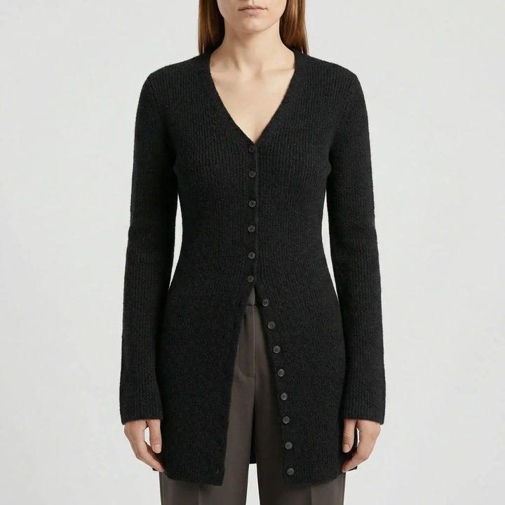 Cardigan donna lungo da indossare con scollo a V e maniche svasate. Stile casual elegante.