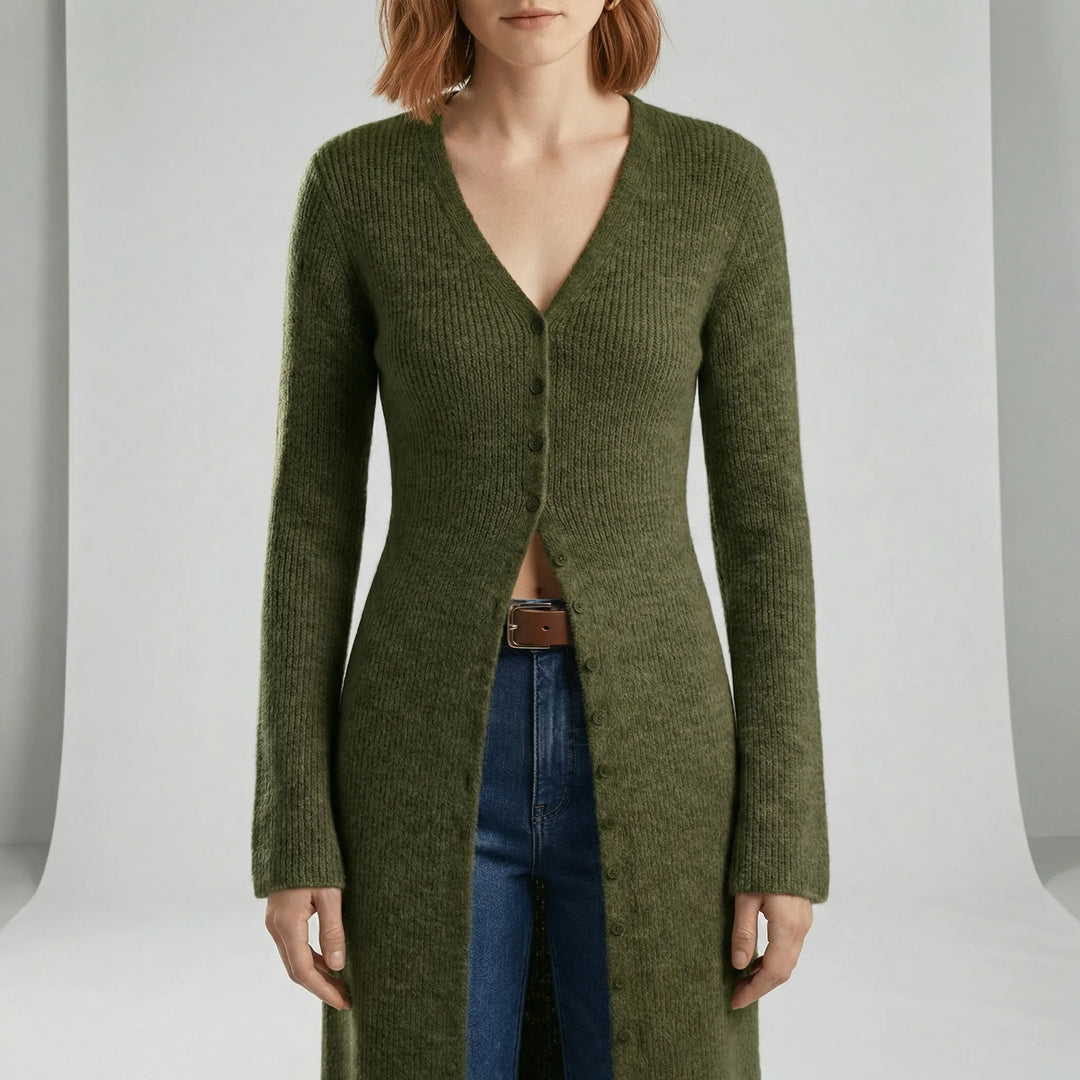 Cardigan lungo donna, bottoni frontali, scollo a V profondo, maniche svasate. Ideale per outfit.