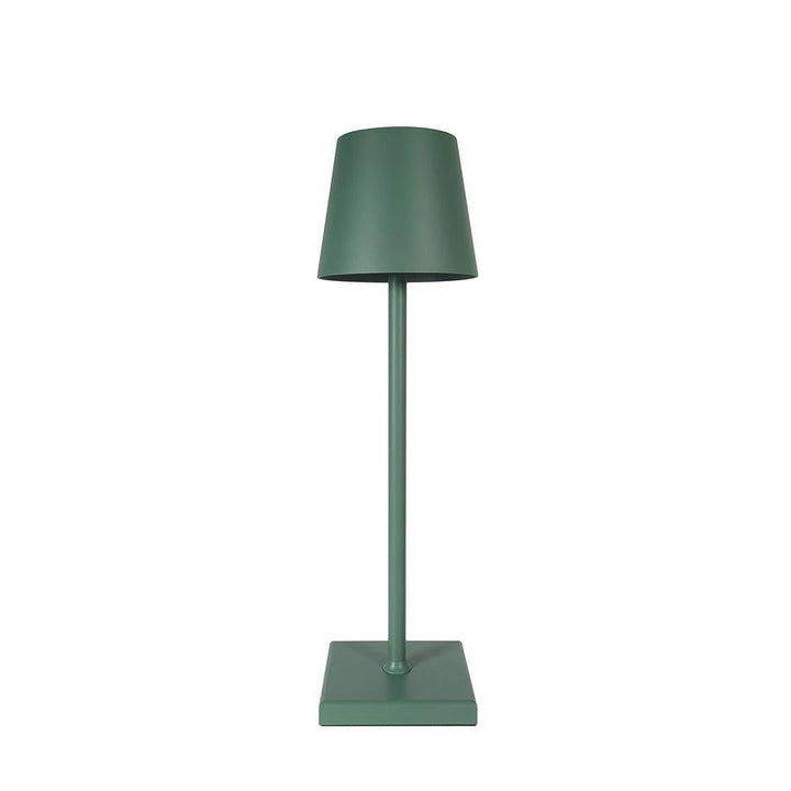 Lampada da tavolo con luce LED calda, design in metallo, wireless e ricaricabile via USB.