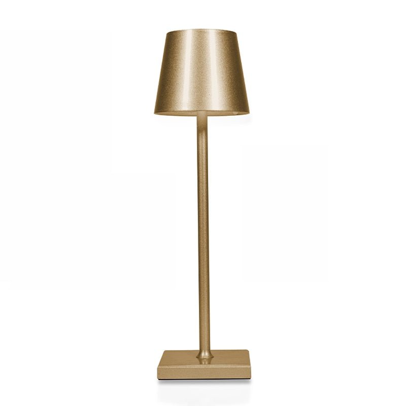 Minimalista lampada da tavolo wireless LED, ricaricabile con finitura in metallo spazzolato.