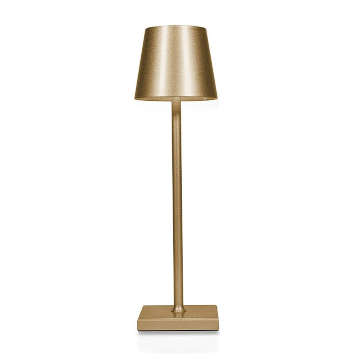 Minimalista lampada da tavolo wireless LED, ricaricabile con finitura in metallo spazzolato.