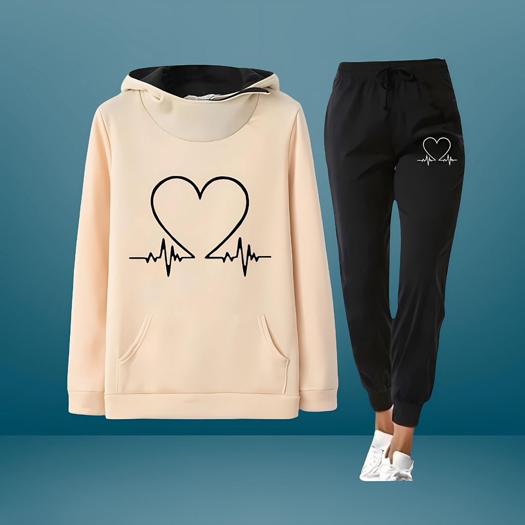 Completo sportivo donna versatile, felpa con cappuccio e pantaloni. Adatto per casual, streetwear e relax.