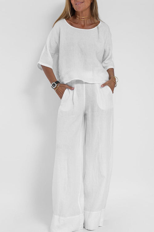 Moda donna: completo estivo due pezzi in cotone e lino, perfetto per un look casual e rilassato.