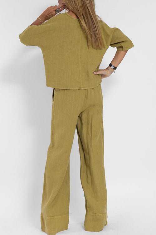 Abbigliamento donna: completo casual due pezzi in cotone lino, confortevole e di tendenza per l'estate.