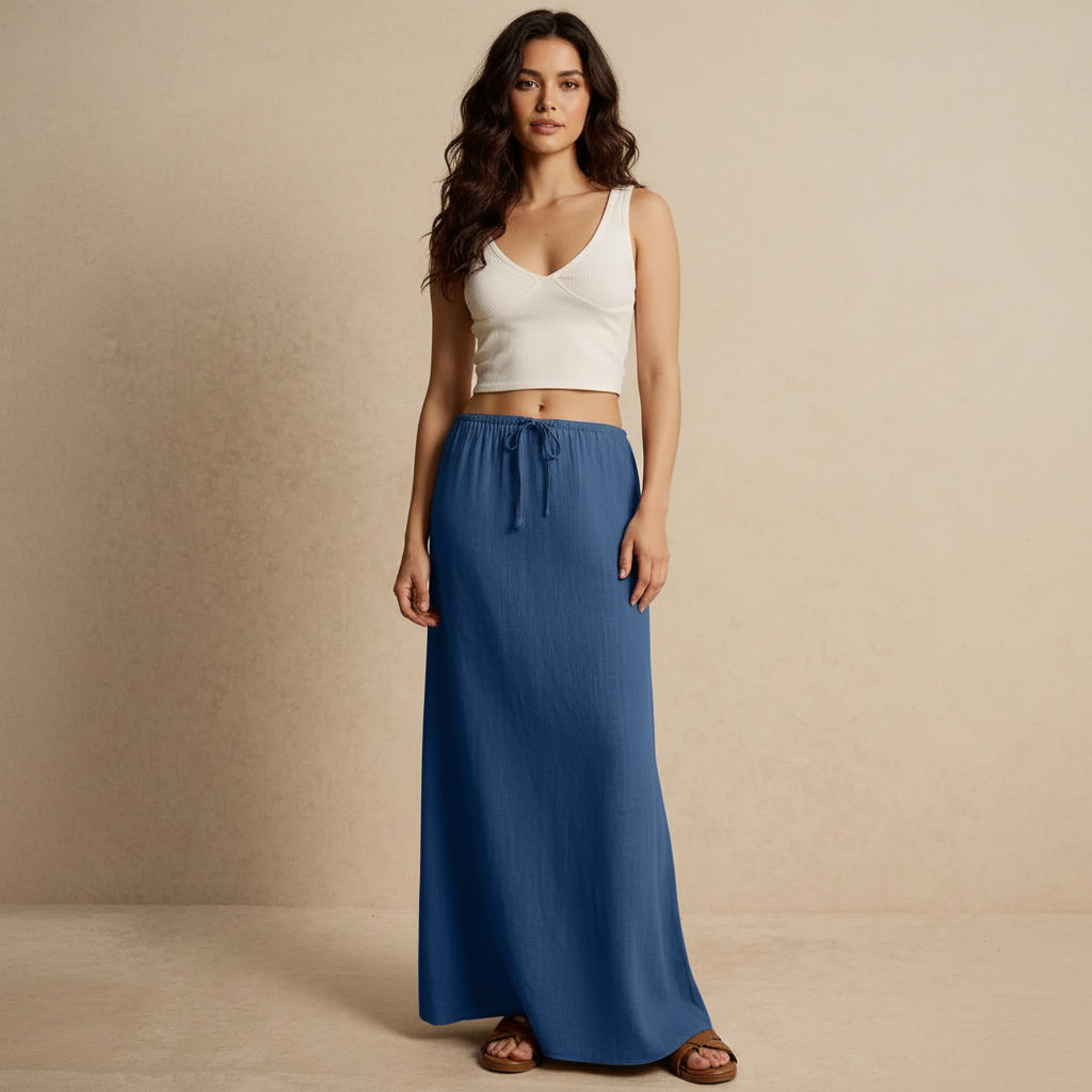 Gonna lunga donna stile chic, vita alta elasticizzata per comfort e vestibilità perfetta.