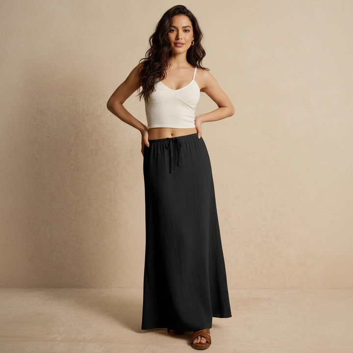 Gonna donna lunga fluida, perfetta per un look femminile e alla moda, vita elasticizzata.