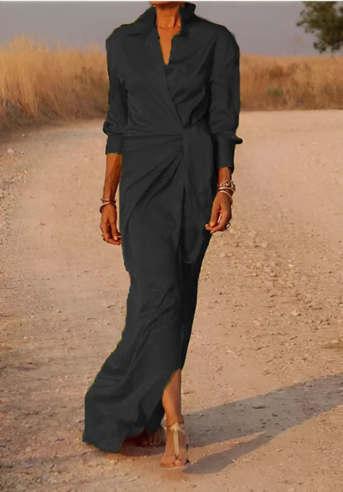 Abito da cerimonia maxi drappeggiato donna, vita segnata per eleganza e comfort serale.