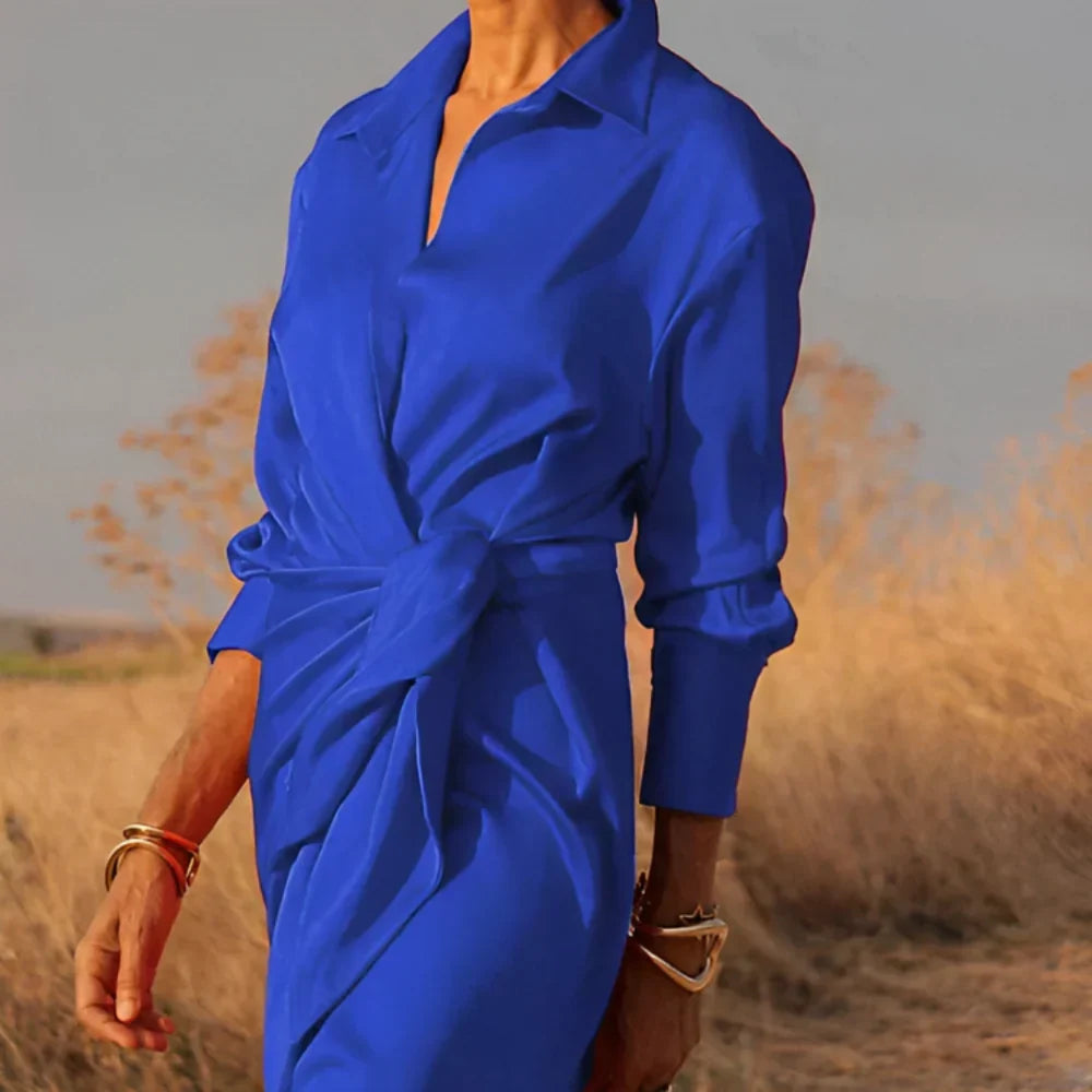 Abito maxi drappeggiato donna, design femminile ed elegante con vita ben definita, per ogni evento.