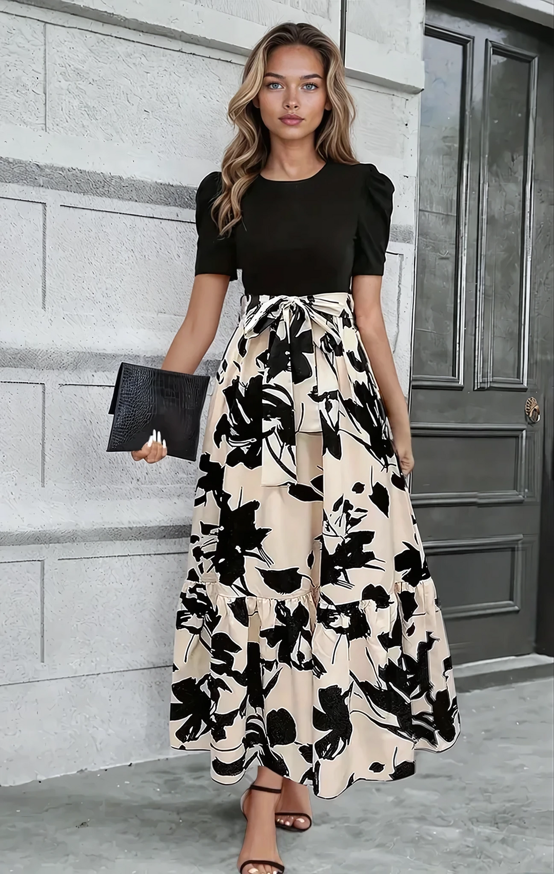 Abito lungo elegante da donna nero con fiocco in vita, perfetto per feste e serate speciali. Vestito da cerimonia.