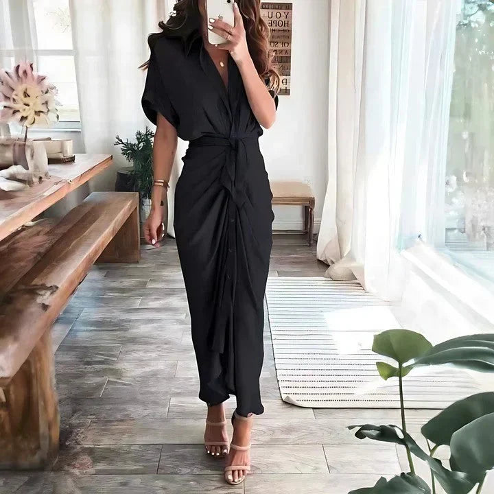 Abito da donna midi drappeggiato elegante, perfetto per feste, serate speciali e occasioni chic.