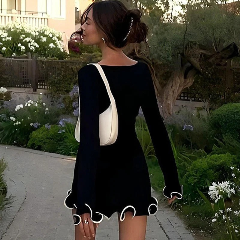 Abito da festa corto rosa con volant, ideale per serate eleganti e occasioni speciali donna.