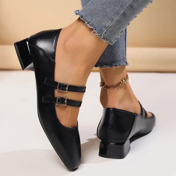 Ballerine nere donna, comfort per primavera estate, scarpe eleganti con doppio cinturino caviglia.