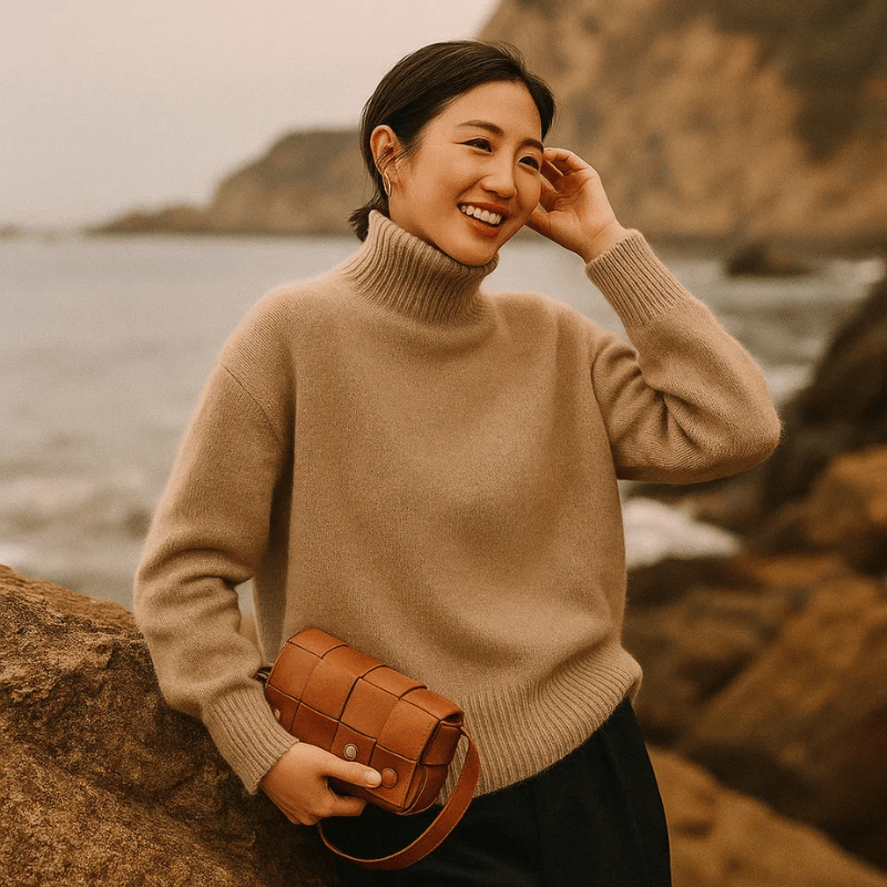 Morbido pullover donna a coste, collo alto. Capo essenziale per un outfit comodo e versatile quotidiano.