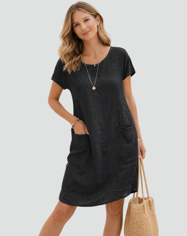 Abito estivo da donna in lino, fresco e versatile, ideale per vacanze casual. Miniabito con tasche.