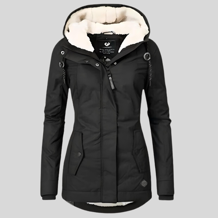 Cappotto invernale da donna lungo, impermeabile e caldo, con cappuccio, ideale per protezione dal freddo.