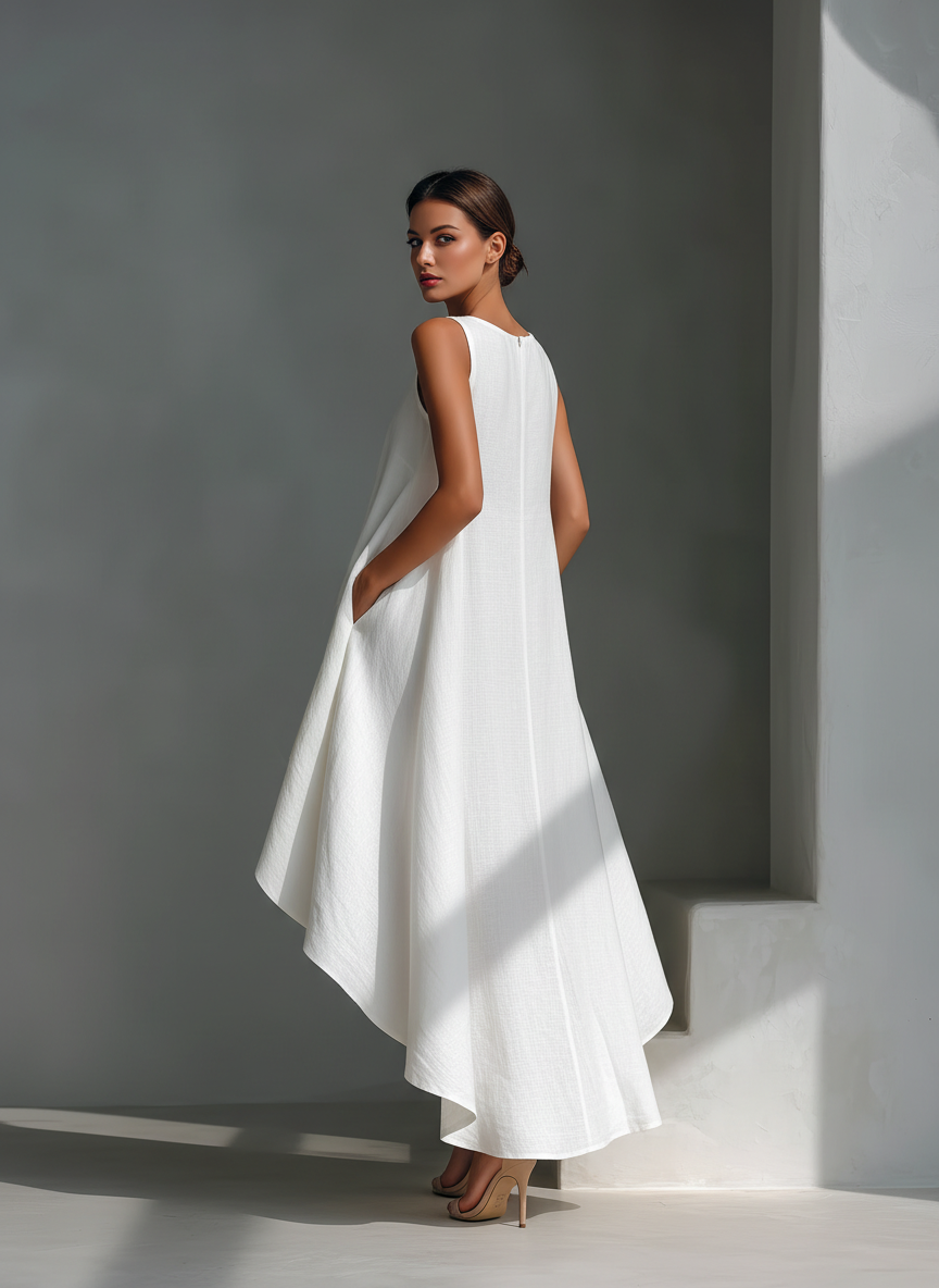 Splendido abito midi in lino da donna, smanicato e fluido, con orlo asimmetrico, per vacanze estive.