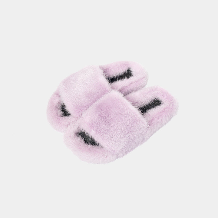 Pantofole donna lilla morbide, con elegante bordo effetto visone, ideali per comfort e relax in casa.