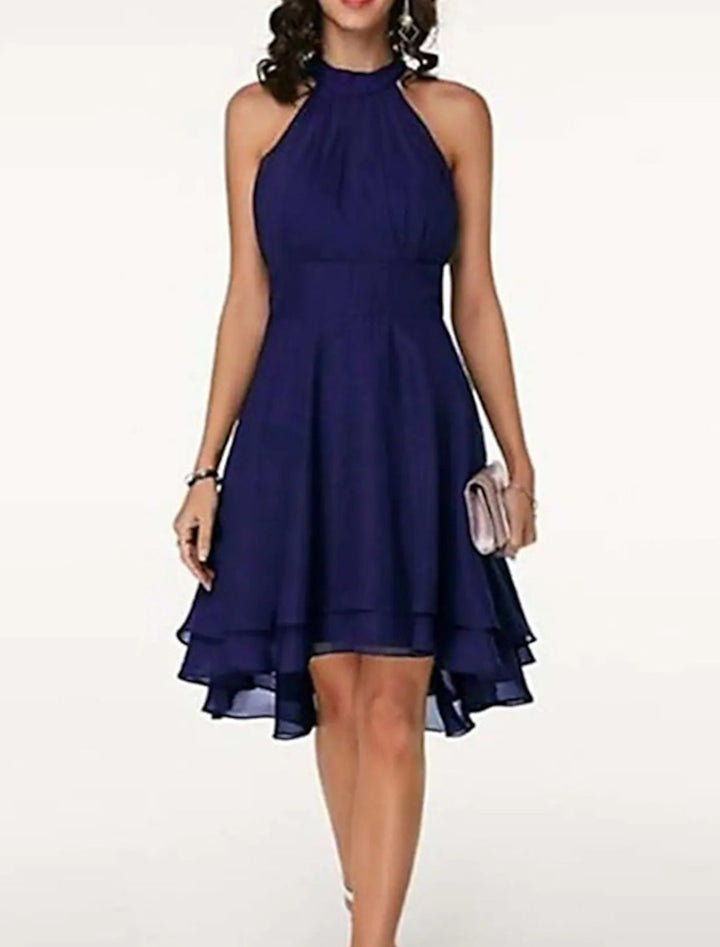 Vestito da cerimonia donna, scollo all'americana, senza maniche. Abito elegante a trapezio con volant per invitata.