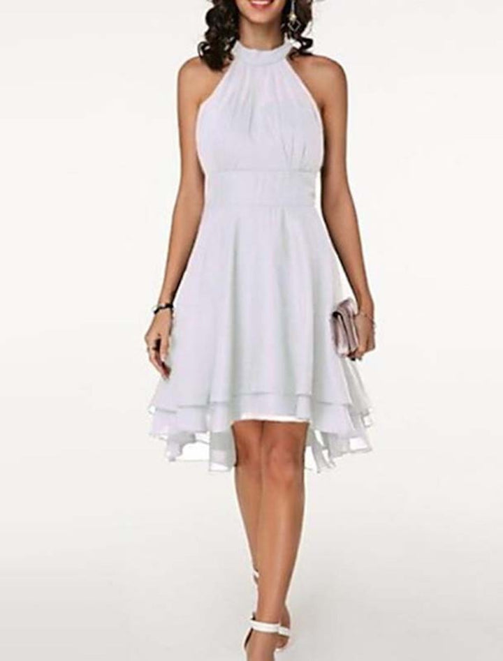 Abito a trapezio elegante, lunghezza ginocchio, per donna. Scollo all'americana e volant per feste e serate speciali.
