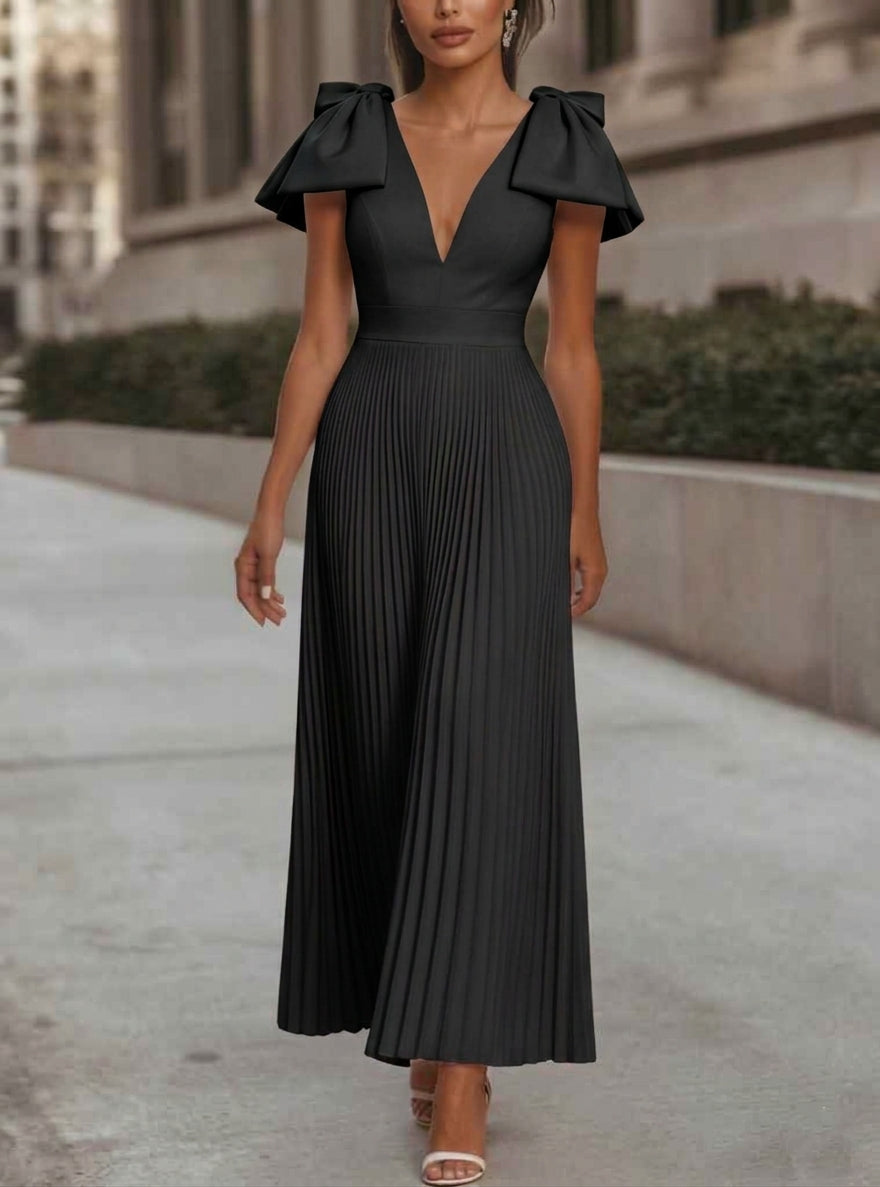 Abito da cocktail estivo a trapezio per donna, elegante e senza maniche con fiocco, per serate primaverili.