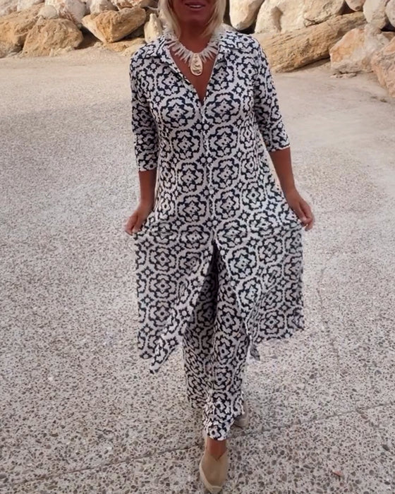 Completo donna due pezzi elegante con top a bottoni e pantalone dritto in misto cotone, perfetto per comfort quotidiano.