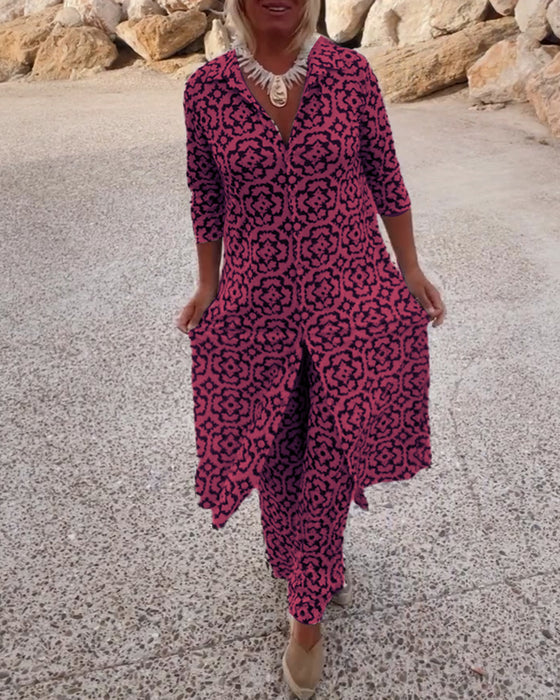 Completo donna comodo e alla moda per taglie forti, due pezzi con top a bottoni e pantalone dritto, in vari colori.