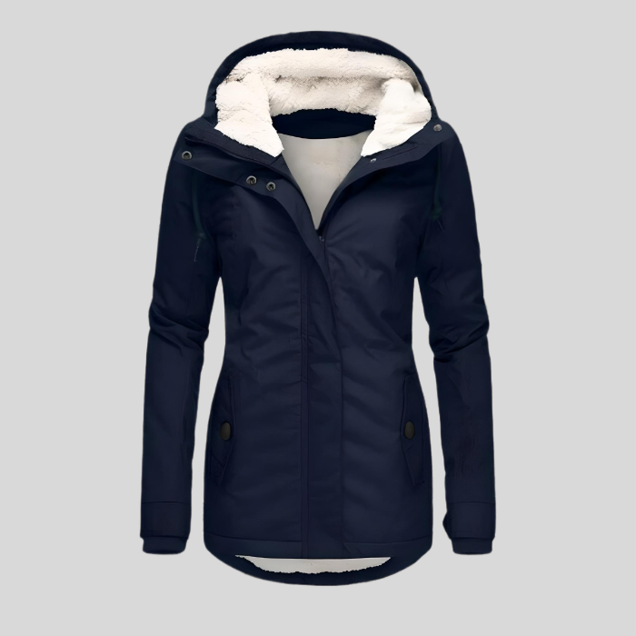 Giacca invernale da donna impermeabile e calda, cappotto lungo con cappuccio per affrontare il freddo con stile.