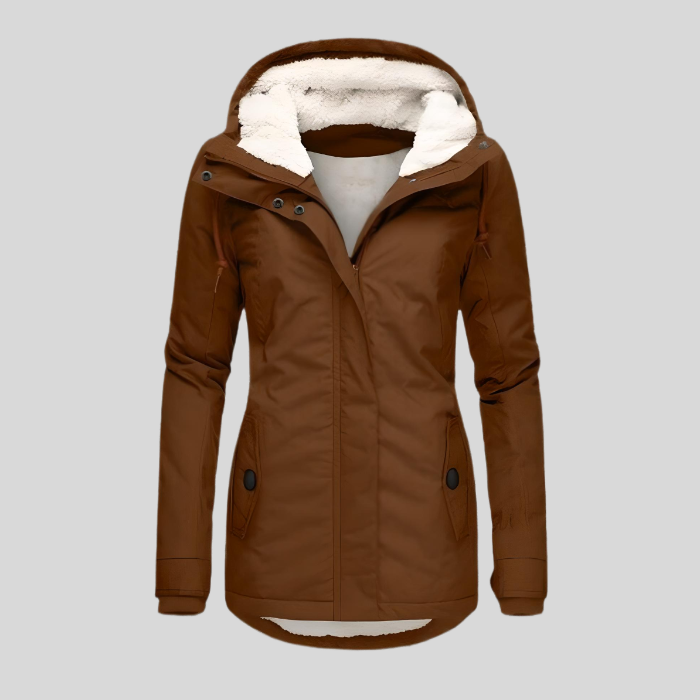 Cappotto donna lungo con cappuccio, impermeabile, caldo e chic, per un inverno alla moda e protezione dal freddo.