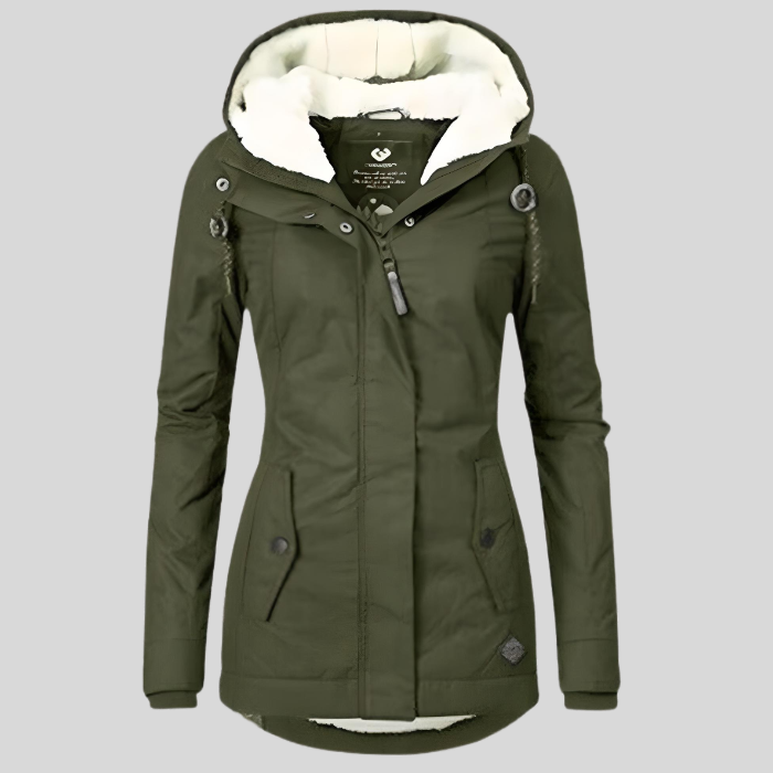 Cappotto invernale lungo da donna, design elegante e casual, con cappuccio per massima protezione e comfort.