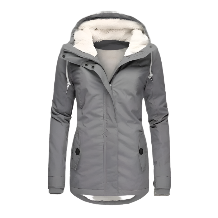 Elegante cappotto lungo invernale da donna con cappuccio, perfetto per look casual o da viaggio in città.