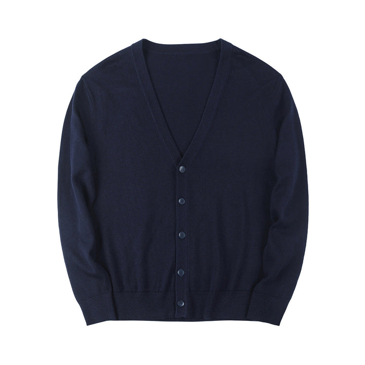 Cardigan uomo versatile con scollo a V e bottoni. Maglione elegante o casual, essenziale per la moda maschile autunno/primavera.