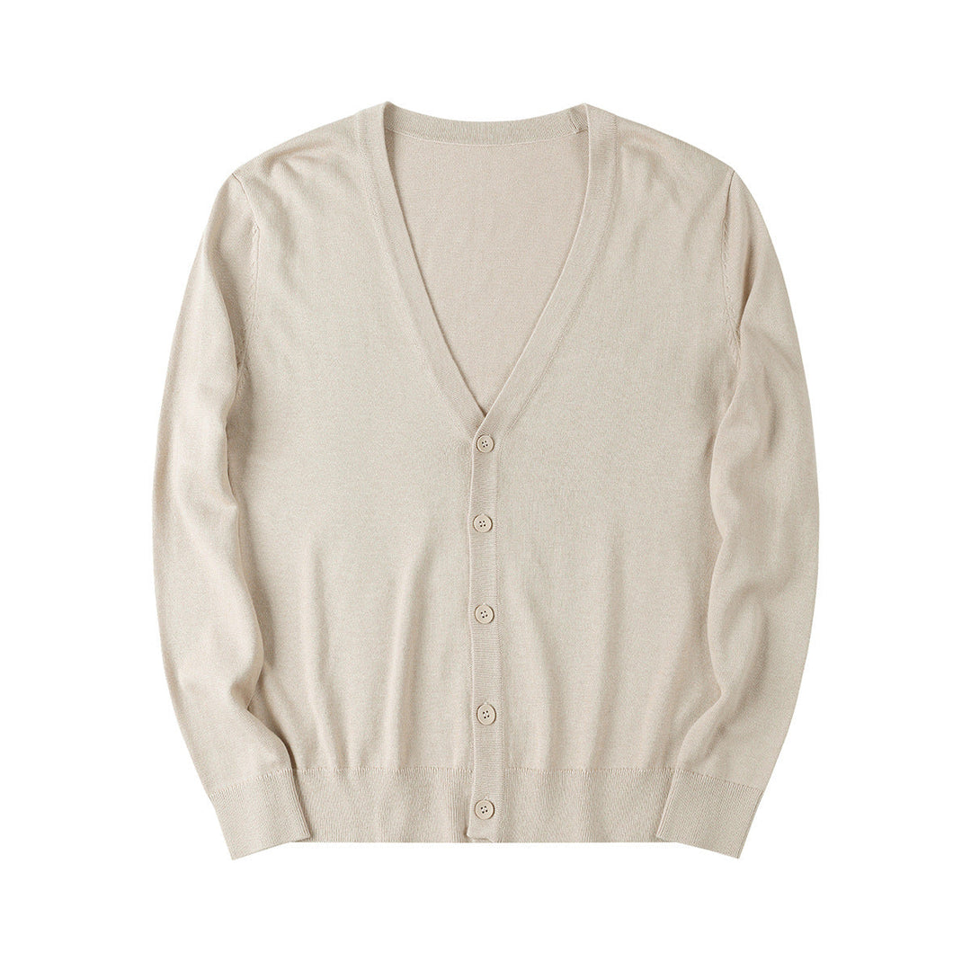 Cardigan uomo elegante, scollo a V profondo e bottoni. Maglione chic per autunno e primavera, un must-have della moda maschile.