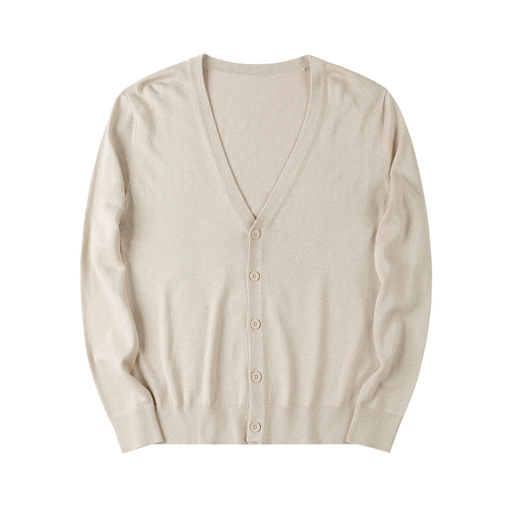 Cardigan uomo elegante, scollo a V profondo e bottoni. Maglione chic per autunno e primavera, un must-have della moda maschile.
