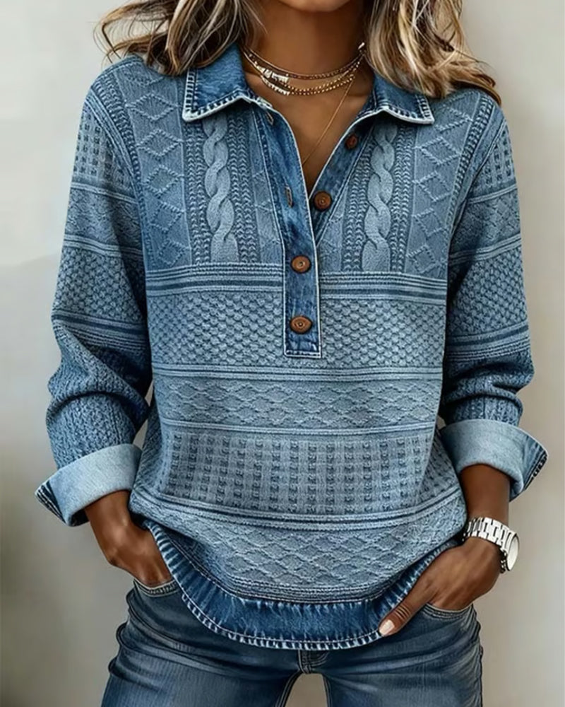 Maglione donna versatile blu con colletto e bottoni, ideale per autunno/inverno e look casual/elegante.
