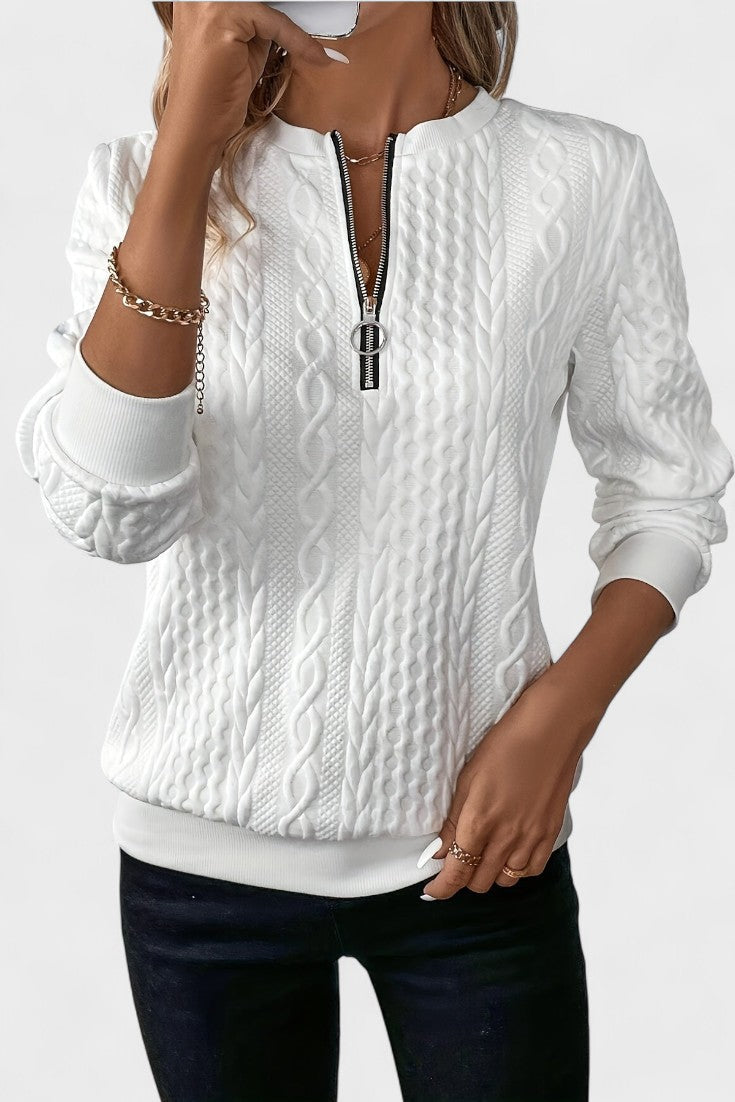 Maglione da donna con collo alto a costine e mezza zip. Perfetto per un look stratificato e confortevole.