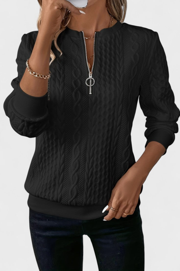 Maglione invernale da donna con collo alto ripiegabile e mezza zip. Caldo e di moda per l'autunno-inverno.
