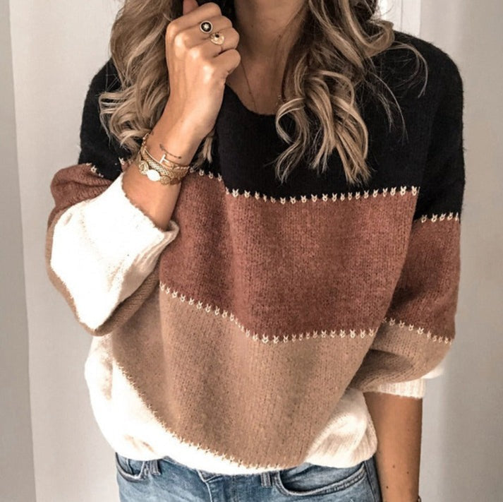 Maglione donna moderno color block, girocollo, maniche lunghe, versatile per l'abbigliamento autunno inverno.